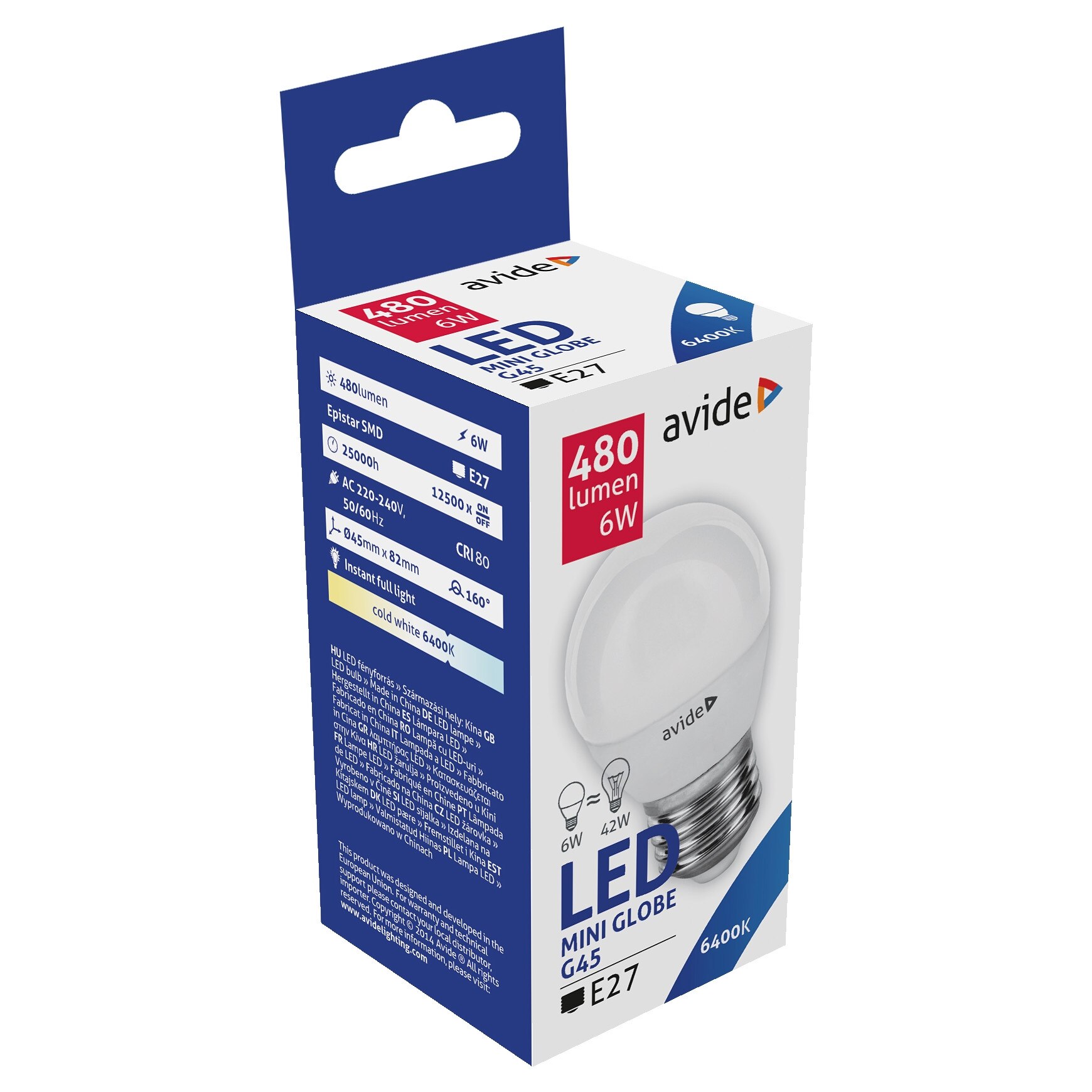 Set 5 Becuri Avide LED Mini Globe G45 6W E27 6400K lumina rece
