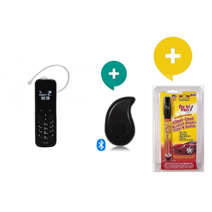 Комплект - 3 в 1 мини телефон GTStar Mobile Phone, Черен GTS + Мини Спортна S530 Слушалка + Химикалка Fix it за премахване на драскотини