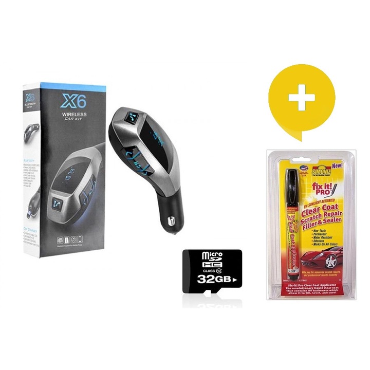 Kit Transmitter X6, vezeték nélküli Bluetooth, TF, USB MP3 lejátszó, kihangosító, fekete/szürke + SD kártya 32 GB Kingston + Fix it toll a karcolások eltávolításához