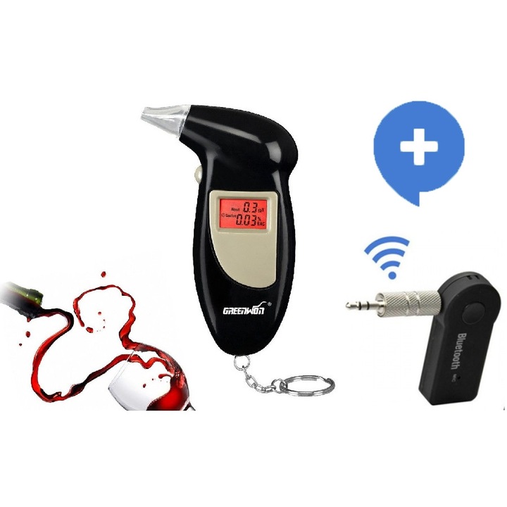 Szett - GreenWon LCD kijelzős alkoholos húzó, szájrésszel 5 darabos készlet + FM 3,5mm Bluetooth adó és hangszóró