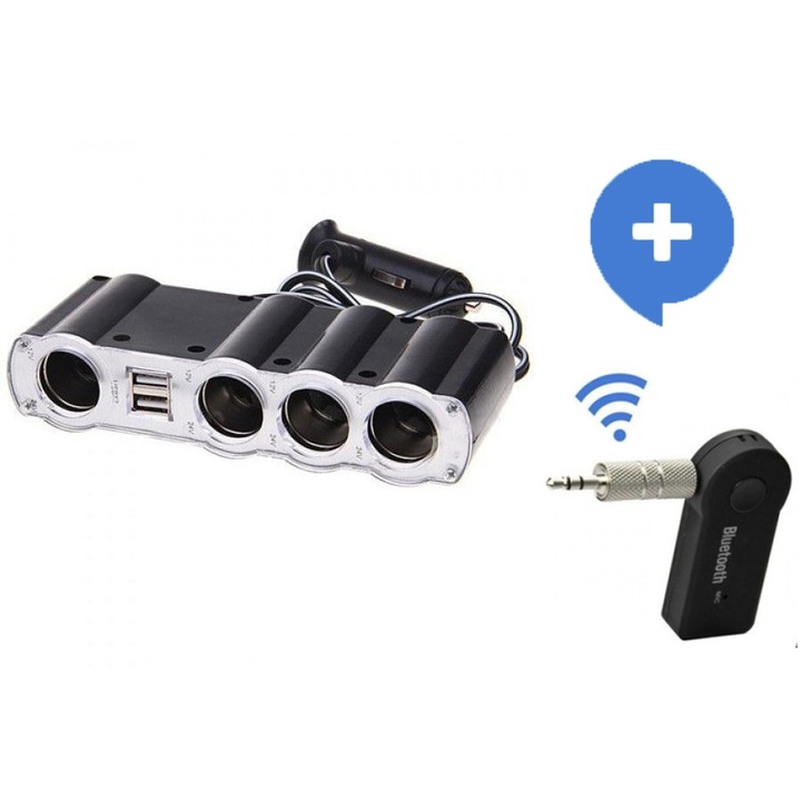 Комплект - Четворен Разклонител за автозапалка, 12V, с 2xUSB 5V и кабел + FM 3.5mm Трансмитер с блутут и високоговорител