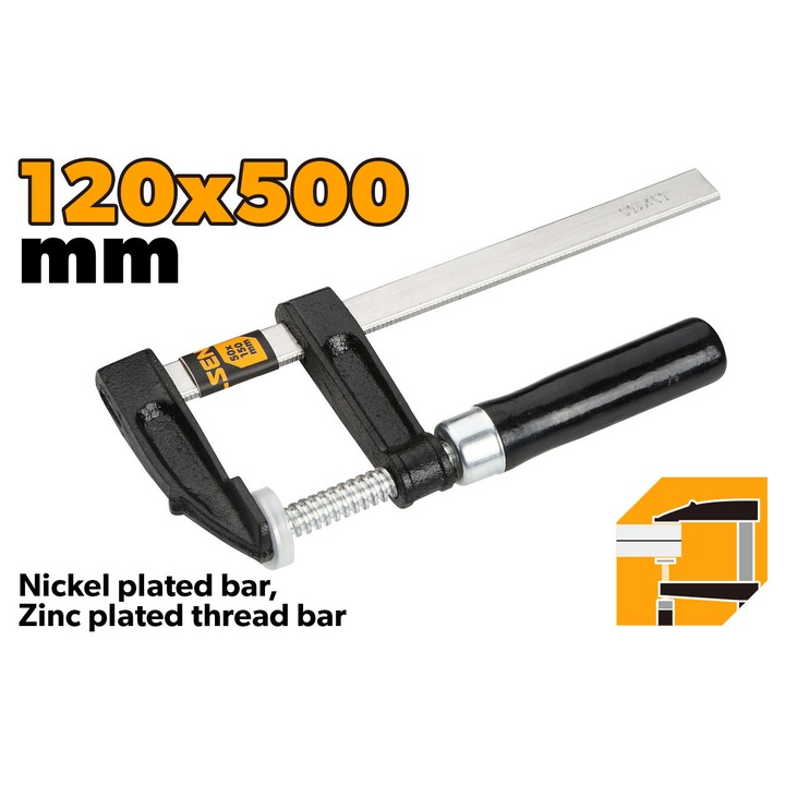 Menghina tip F TOLSEN 120x500 mm, Bara si filet nichelate, Grosime 6.5 mm, Latime 28.5 mm, Maner din lemn, deschidere maxima 500 mm, rigla rezistenta grosime 6.5 mm, bara otel nichelata, prindere ferma si precisa, ideala pentru tamplarie