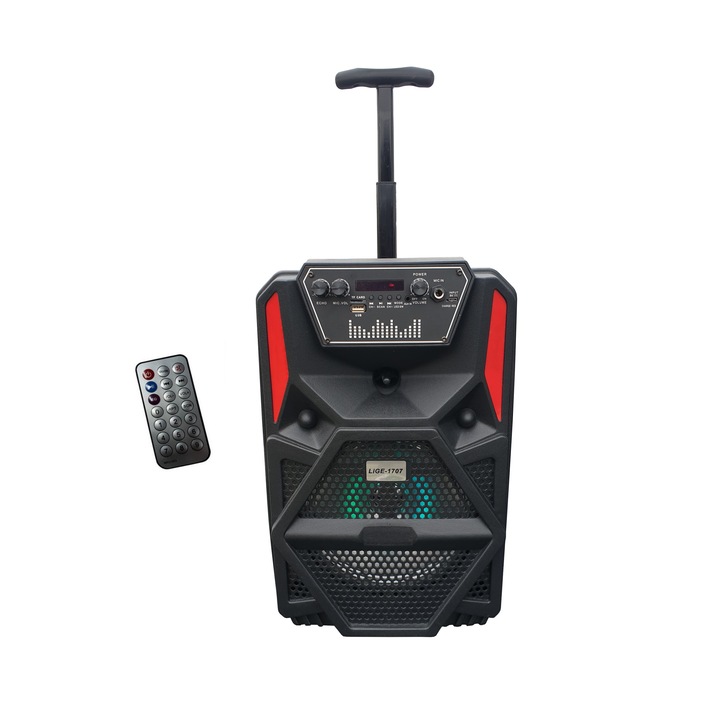 Boxa portabila tip troller , maner retractabil , cu Bluetooth , cititor USB , card MicroSD , radio , telecomanda , negru
