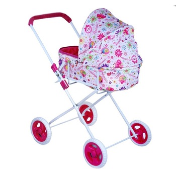 Carucior cu landou pentru papusi, ATS, alb cu flori roz Carucior cu landou pentru papusi, ATS, alb cu flori roz