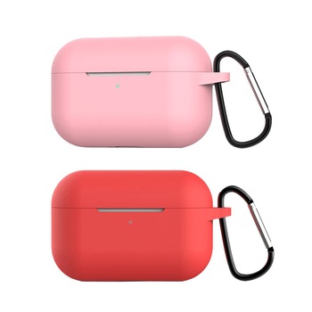 Set 2 huse de protectie din silicon si carlige de prindere pentru Apple AirPods PRO, rosu, roz Set 2 huse de protectie din silicon si carlige de prindere pentru Apple AirPods PRO, rosu, roz