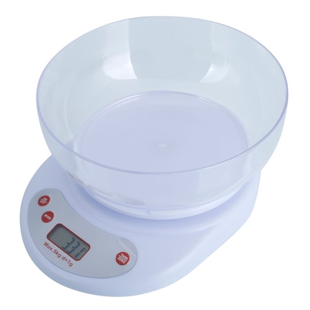 Cantar pentru bucatarie , bol inclus , greutate maxima 5 Kg , display LCD , inchidere automata , alb