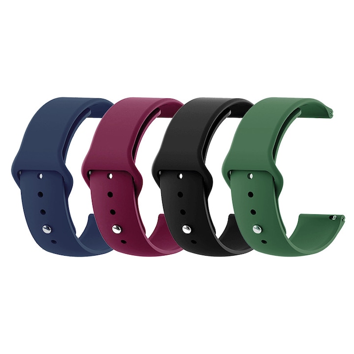 Set 4 curele universale din silicon 22mm compatibile cu Samsung Watch46, Gear S3, Moro 360 2nd 46, Fossil Q Founder 2.0 negru, bleumarin, verde, grena