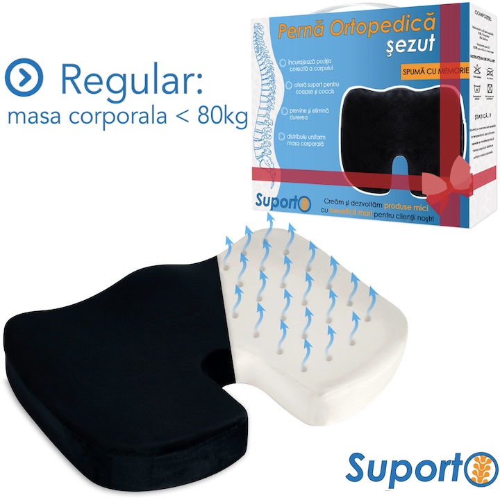 Suporto® Ortopédiai ülőpárna, ágyéktáji, extra szilárdságú, fekete, 80 kg alatti testsúly, 45x36x8cm, lyukacsos