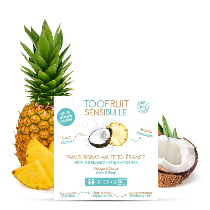 Био сапун за лице и тяло с ананас и кокос TOOFRUIT SENSIBULLE, 3+ години, 85 г