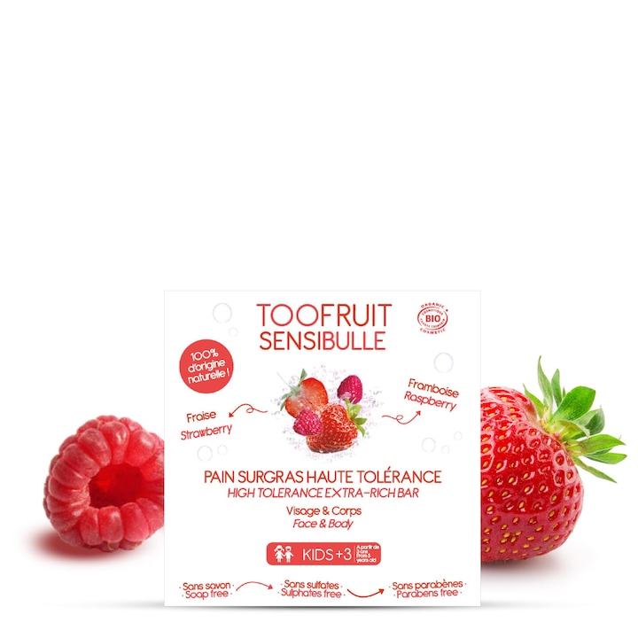 Био сапун за лице и тяло с малини и ягоди TOOFRUIT SENSIBULLE, 3+ години, 85г
