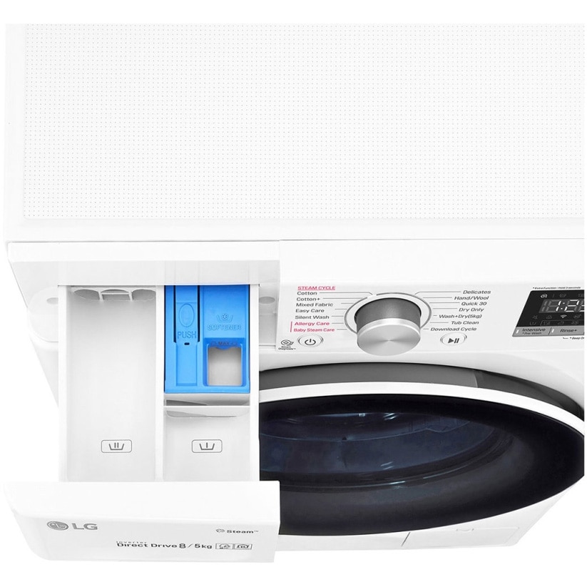 Masina de spalat rufe cu uscator LG F4DN408S0, 1400 RPM, Spalare 8 kg, Uscare 5 kg, Clasa D, Motor Direct Drive, Spa Steam, Smart Diagnosis, Wifi, Alb
