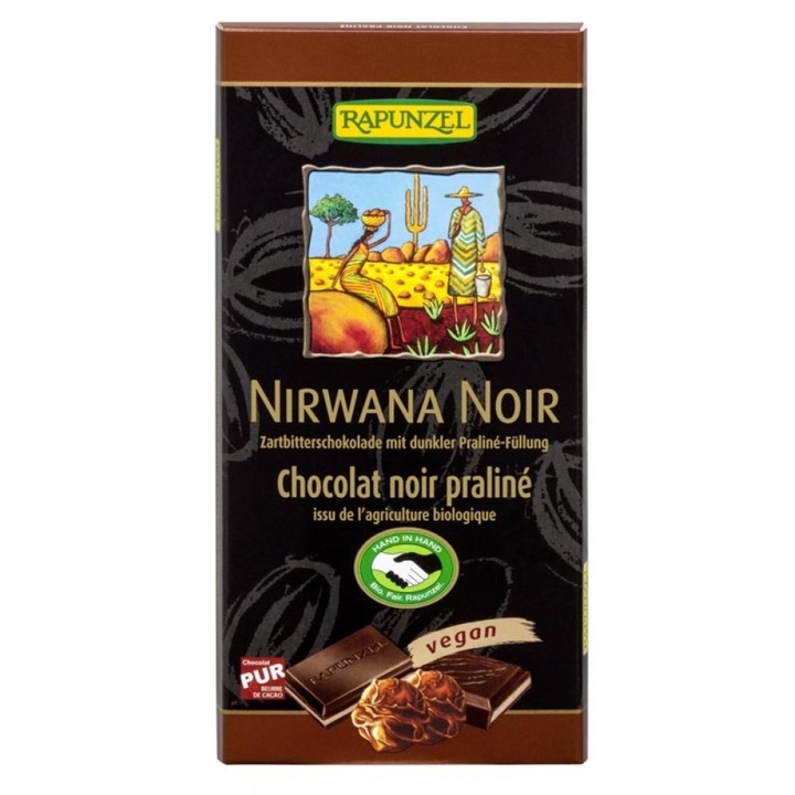 Ciocolata Nirwana neagra cu praline 55% cacao, vegana bio, 100g, Rapunzel