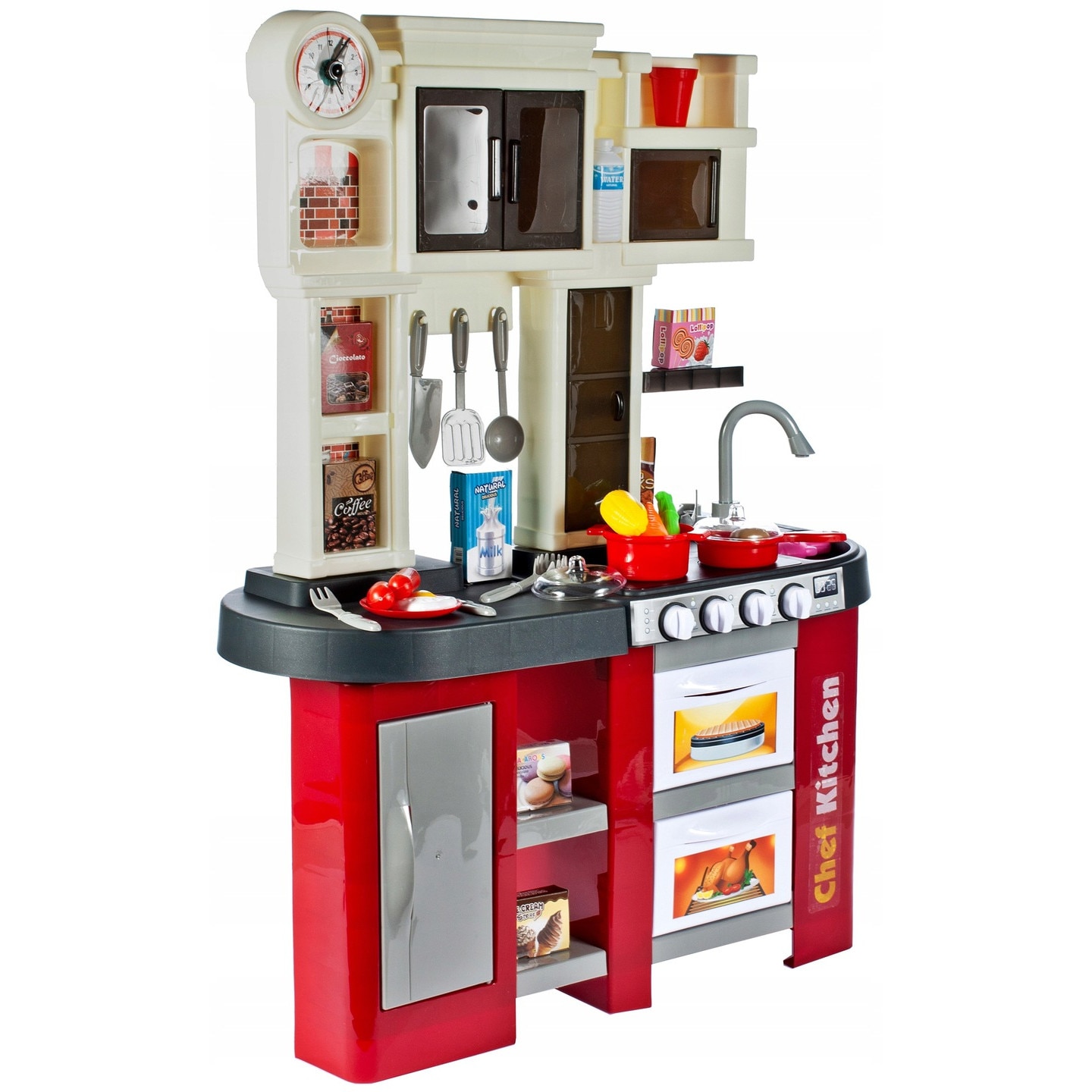 Bucatarie de joaca pentru copii, TALENTED CHEF, robinet cu apa, multiple accesorii incluse, 84 cm inaltime, crem/rosu