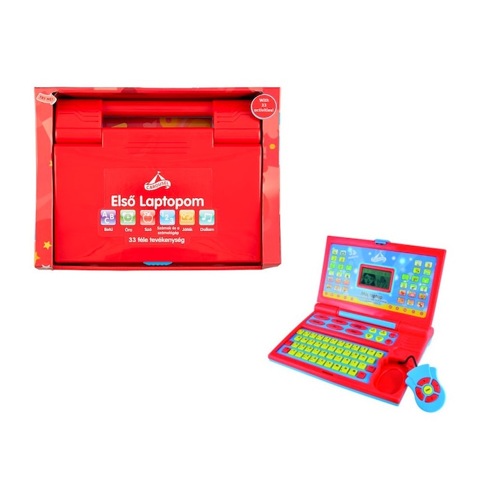 Carousel V-852 Junior laptop - piros, magyarul beszélő LCD kijelzős gyermek laptop, oktató foglalkoztató játék kihúzható egérrel