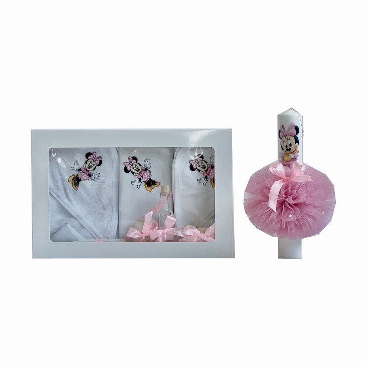 Set trusou si lumanare de botez, Duomar, figurina Minnie, Alb / Roz, 10 piese, 0-12 luni