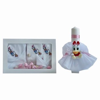 Set trusou si lumanare de botez, Duomar, figurina Daisy Duck, Alb / Roz, 10 piese, 0-12 luni Set trusou si lumanare de botez, Duomar, figurina Daisy Duck, Alb / Roz, 10 piese, 0-12 luni