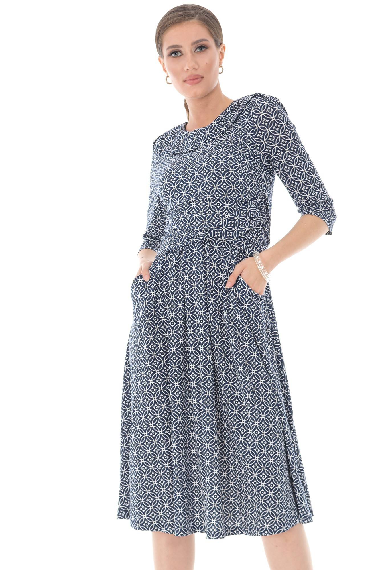 Rochie bleumatin, ROH, cu decolteu stil barcuta
