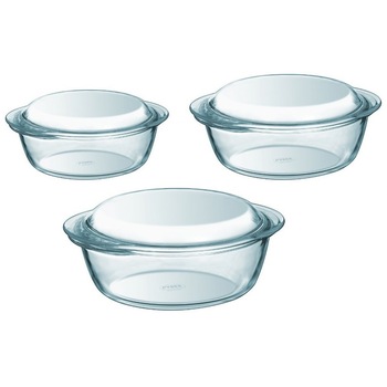 Set 3 caserole cu capac Pyrex Essentials, sticla termorezistenta 1.4L, 2.1L, 3L Set 3 caserole cu capac Pyrex Essentials, sticla termorezistenta 1.4L, 2.1L, 3L