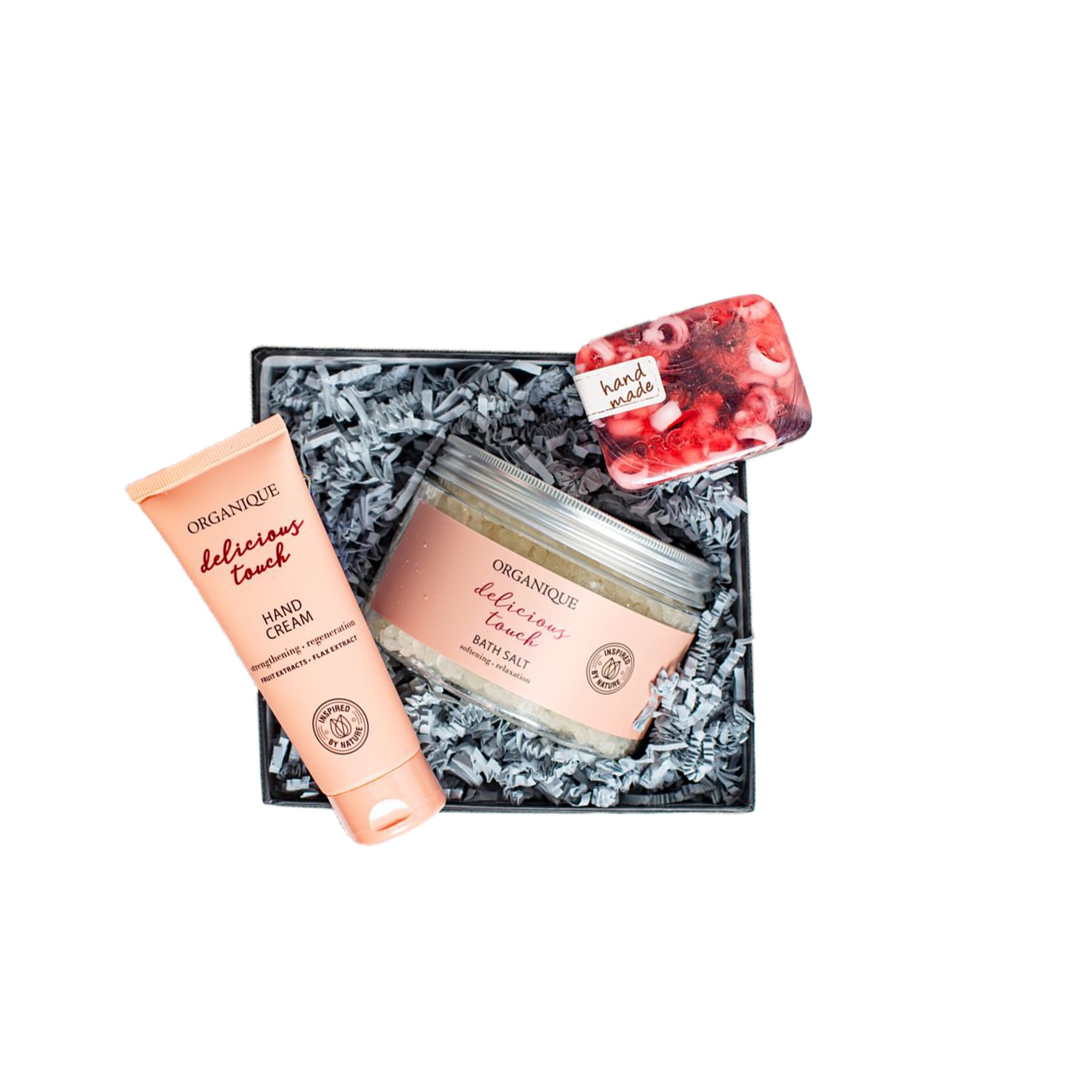 Set cadou, Delicious Promise, 3 produse, crema de maini, sapun solid, sare de baie, Organique