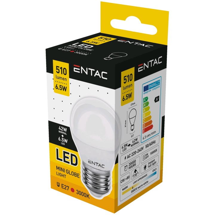 5 db Entac LED Mini Globe 6.5W E27 3000K meleg izzós készlet