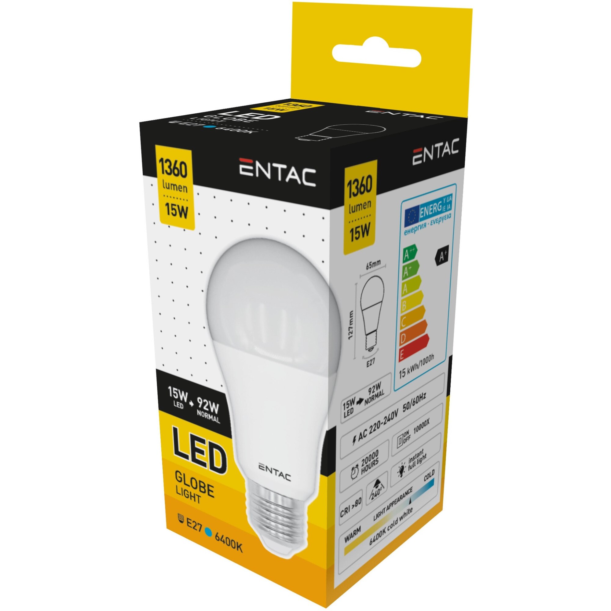 Set 3 Becuri Entac LED Globe A70 15W E27 6400K lumina rece