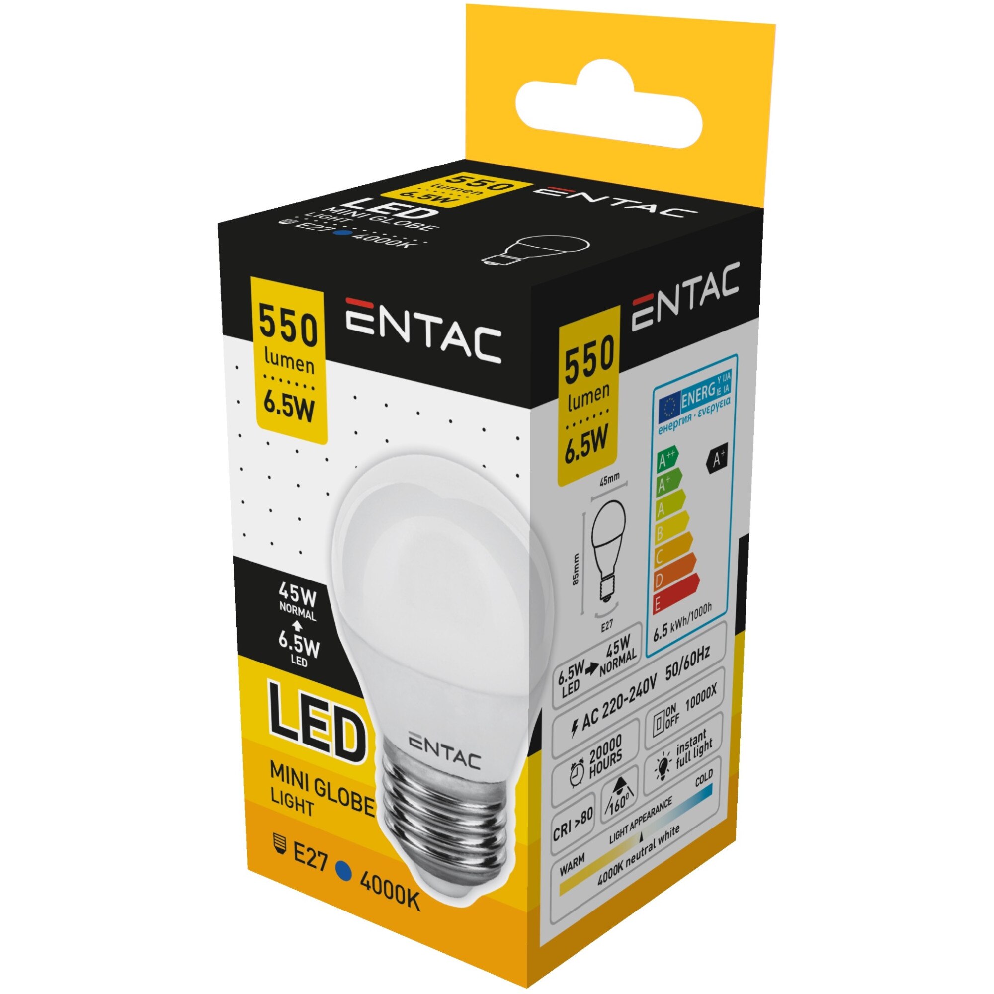 Set 5 Becuri Entac LED Mini Globe 6.5W E27 4000K lumina neutra