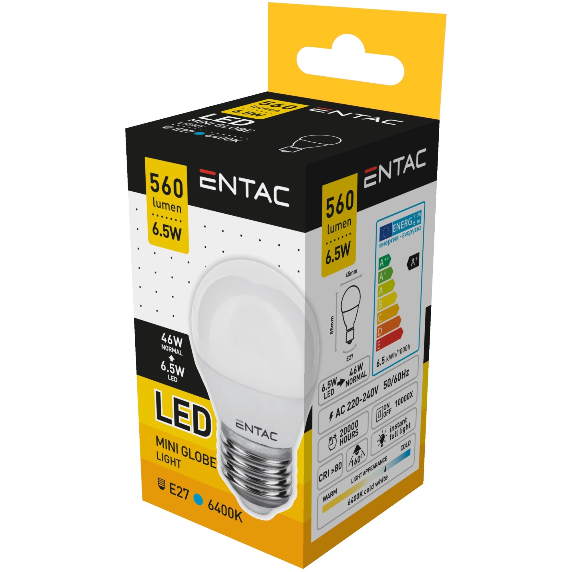 Bec Entac LED Mini Globe 6.5W E27 6400K lumina rece