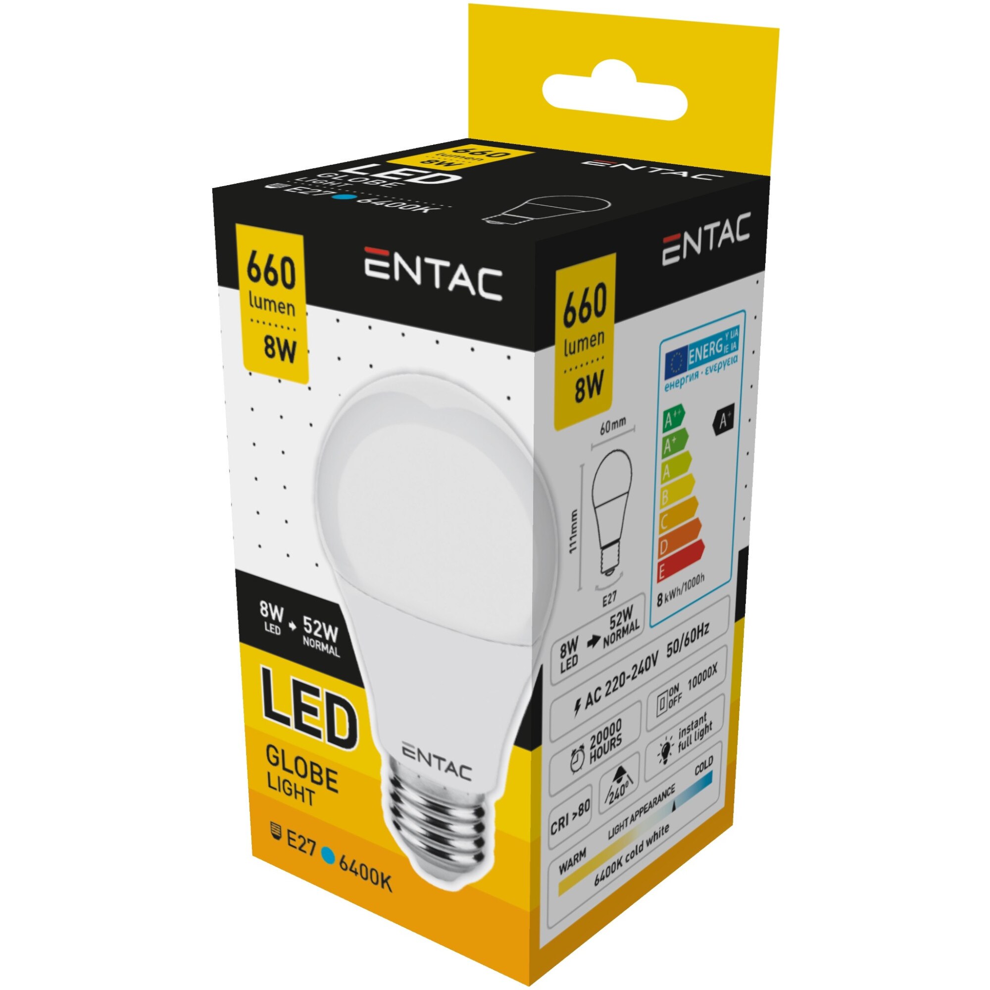 Set 5 Becuri Entac LED Globe A60 8W E27 6400K lumina rece