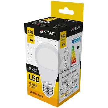 Set 5 Becuri Entac LED Globe A60 8W E27 3000K lumina calda Set 5 Becuri Entac LED Globe A60 8W E27 3000K lumina calda