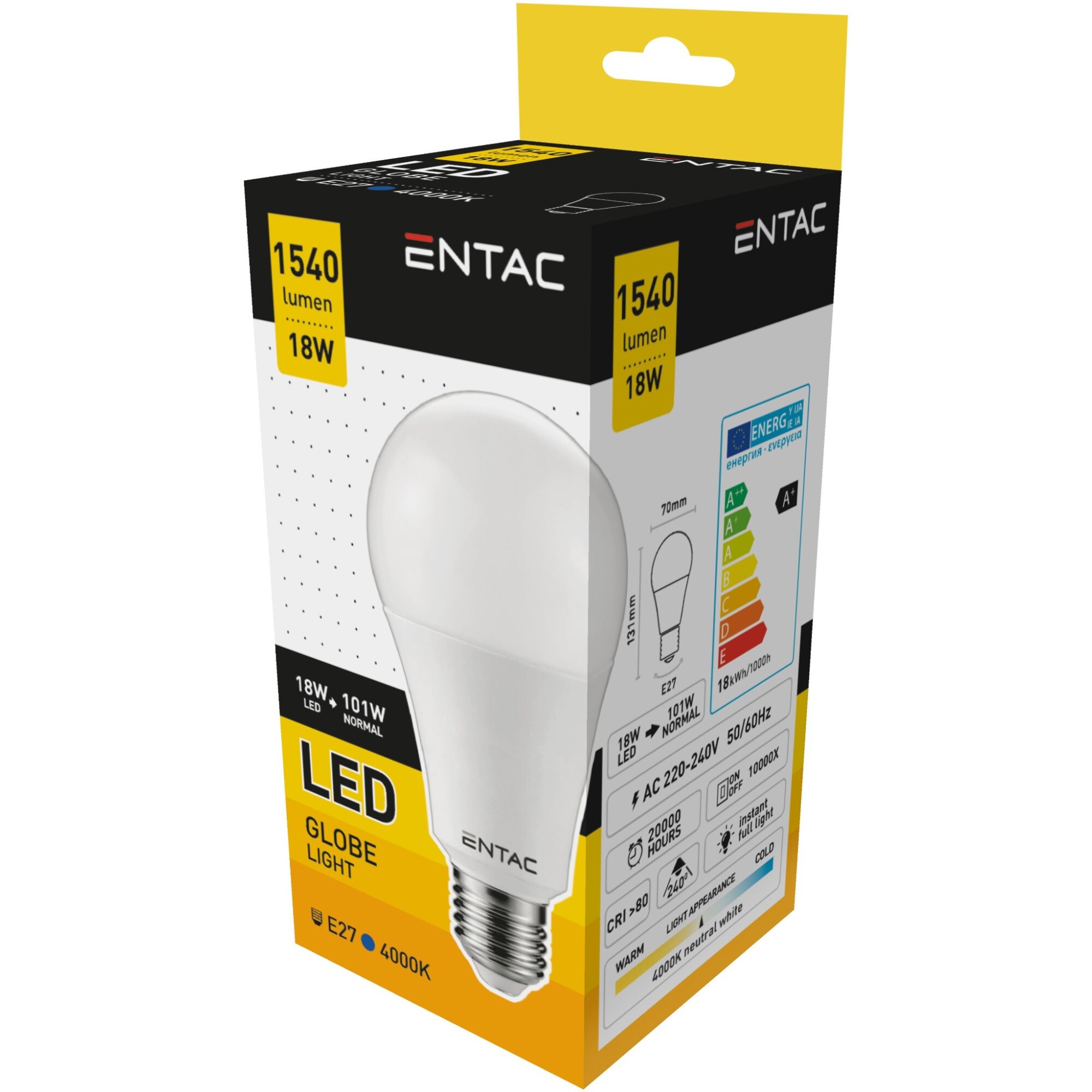 Set 3 Becuri Entac LED Globe A70 18W E27 4000K lumina neutra