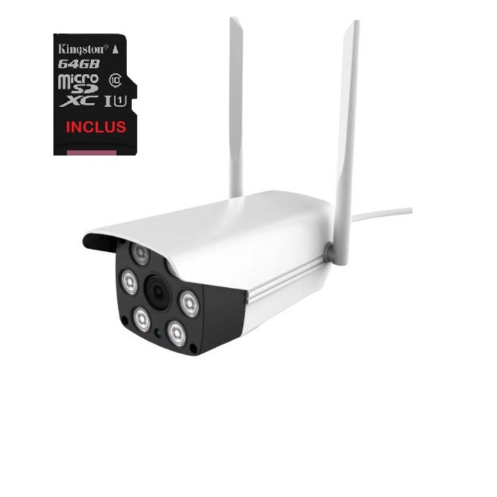 Камера за наблюдение ZHR-CAM KB-BXR с включена 64 GB карта IP безжична външна Full HD двупосочна комуникация Бяла светлина Известяване по имейл