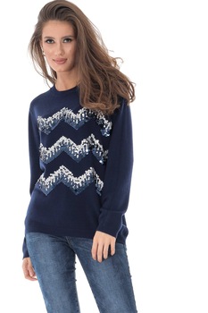 Pluover bleumarin de dama, ROH, cu aplicatii de paiete superbe in zig-zag, M-L Pluover bleumarin de dama, ROH, cu aplicatii de paiete superbe in zig-zag, M-L