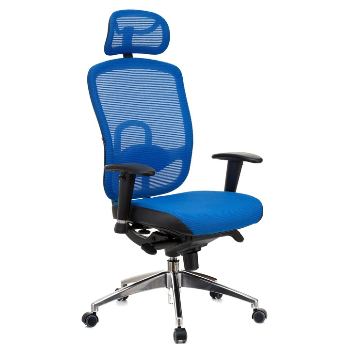 Ergonomikus QMOBILI Oklahoma HI Blue szék, textilháló, 4 pontos multiblock mechanizmus, állítható deréktámasz, fejtámla, állítható PP karok, alumínium talp