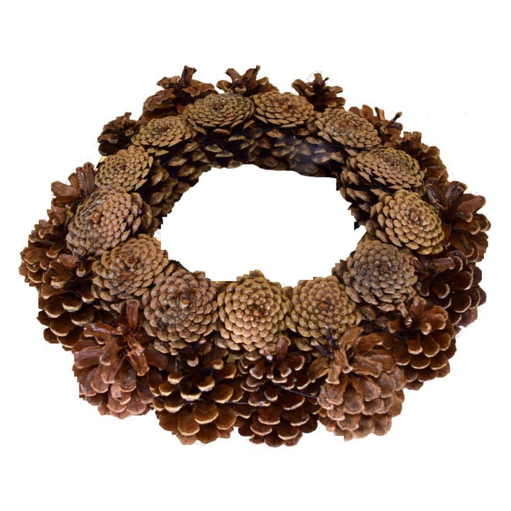 Coronita lucrata manual din conuri de brad lacuite, 30 cm