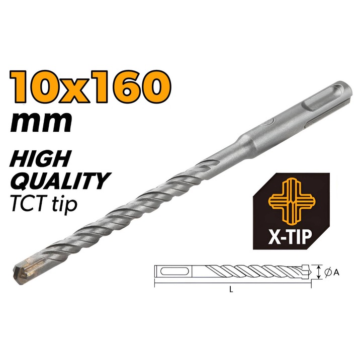 Burghiu SDS-Plus JOKA 10x160mm tip X, TCT de inalta calitate, otel aliat cromat, flaut dublu, coada SDS-Plus, finisaj cu nisip fin, pentru gaurire eficienta in beton si zidarie