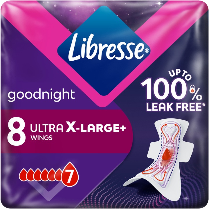Libresse Ultra+ X-Large Goodnight szárnyas egészségügyi betét, éjszakai használatra 8 db