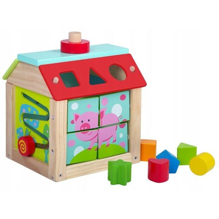 Cub educativ din lemn natural, 5 in 1, PIGGY SORTER, cu sortator, labirint, puzzle, angrenaj rotativ si sunete, multicolor