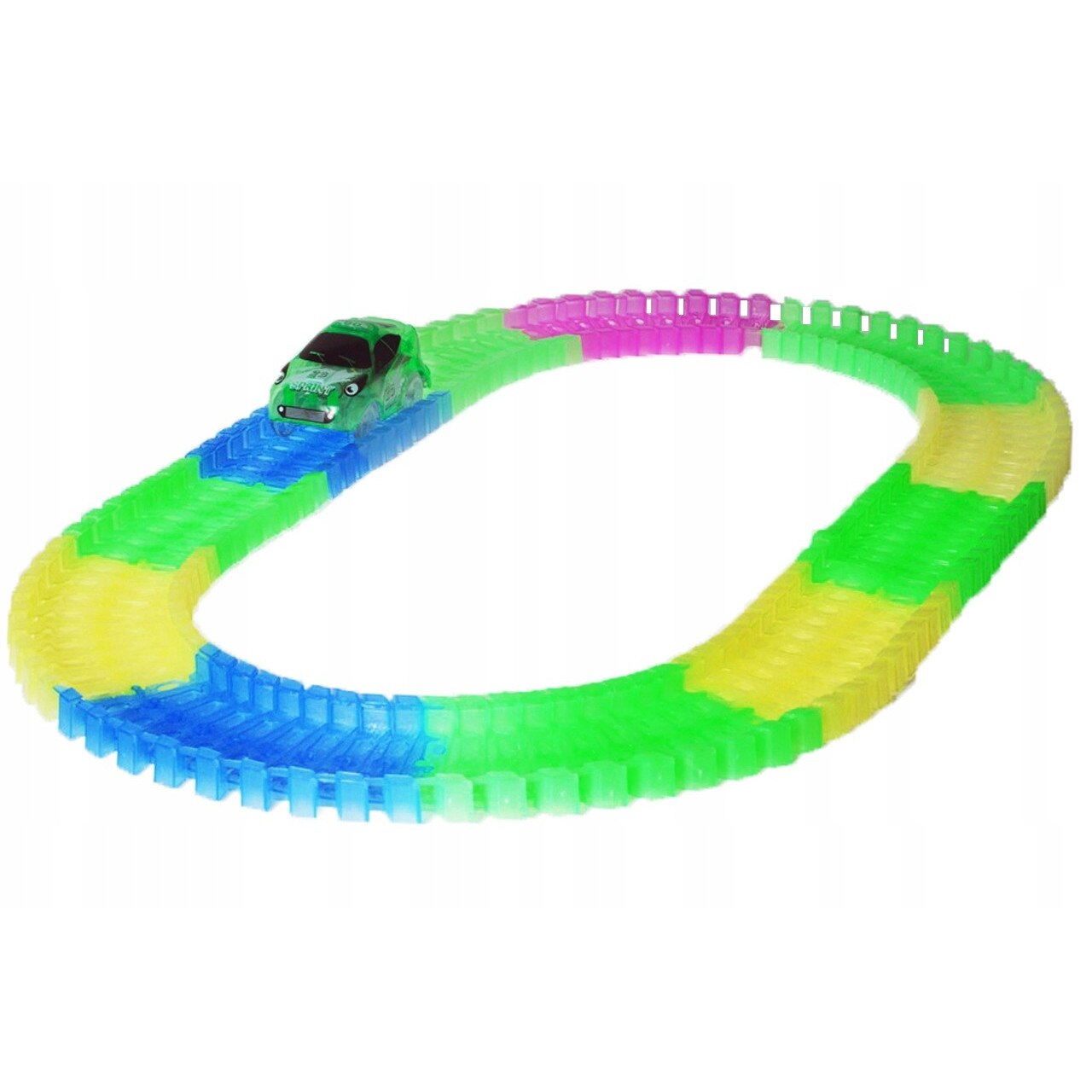 Pista fosforescenta flexibila 100 piese, ProCart, cu masinuta iluminata LED, multicolora, +3ani