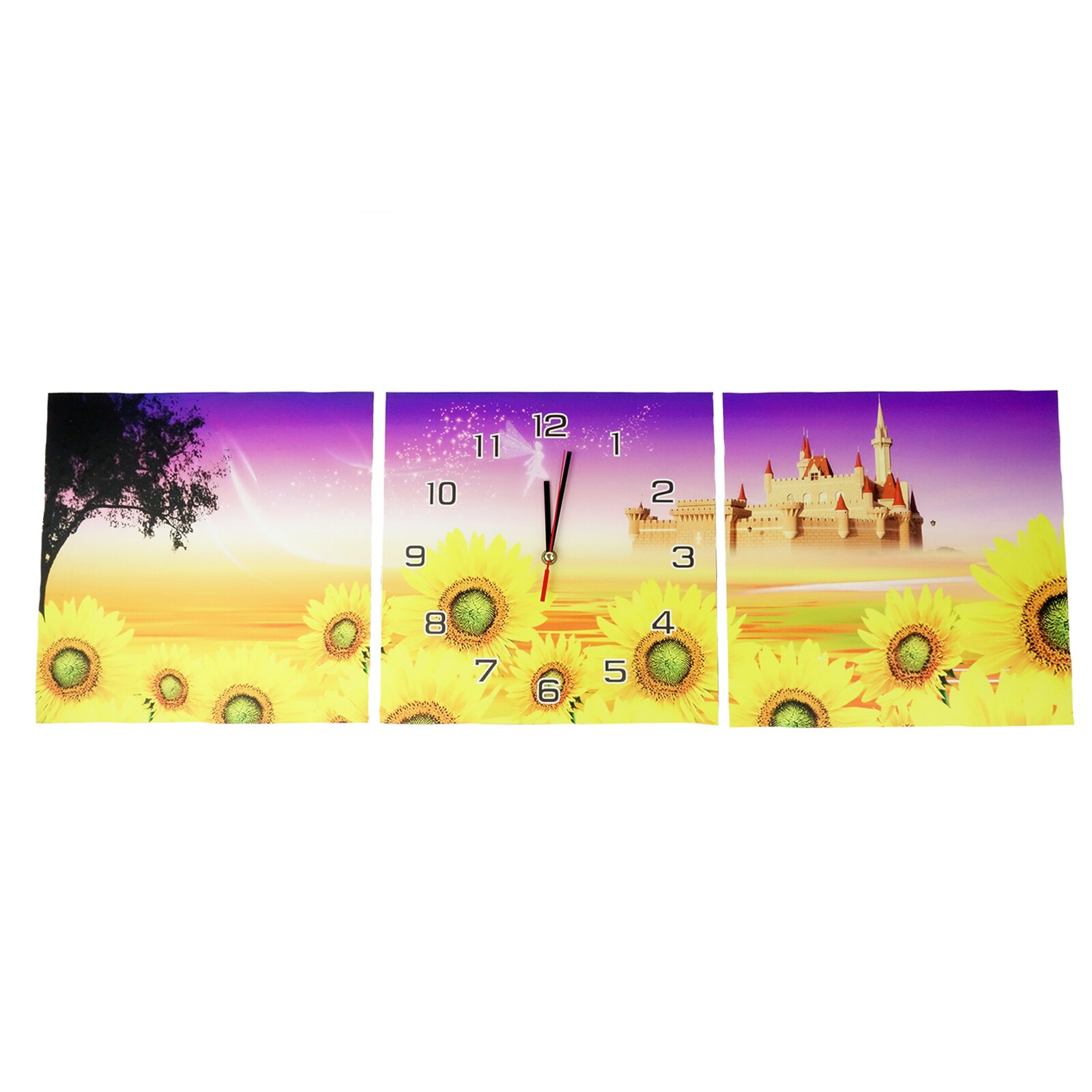 Tablou 3 piese cu ceas, model floral, multicolor, 90 cm