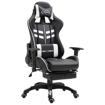 Scaun pentru jocuri, suport pentru picioare, vidaXL, Alb cu negru, 68,5 x 68 x (118 - 125) cm Scaun pentru jocuri, suport pentru picioare, vidaXL, Alb cu negru, 68,5 x 68 x (118 - 125) cm