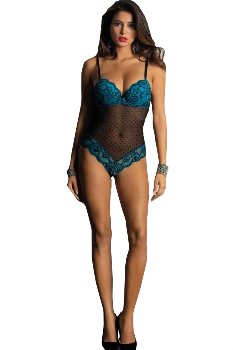 Body de colectie din dantela, triplu voal si catifea, Intimamoda Emerald 6661, Smarald/Negru