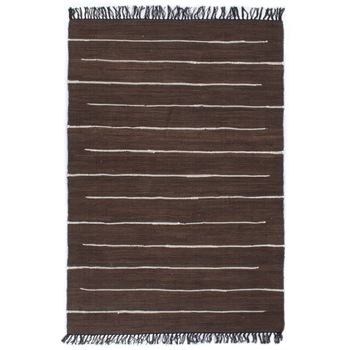 Covor Chindi tesut manual cu franjuri decorativi, vidaXL, Bumbac, 80 x 160 cm, Maro cu dungi albe Covor Chindi tesut manual cu franjuri decorativi, vidaXL, Bumbac, 80 x 160 cm, Maro cu dungi albe