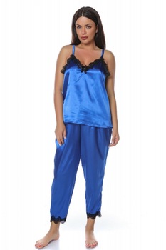 Set pijamale din satin Dalia, 3 piese, Albastru Set pijamale din satin Dalia, 3 piese, Albastru