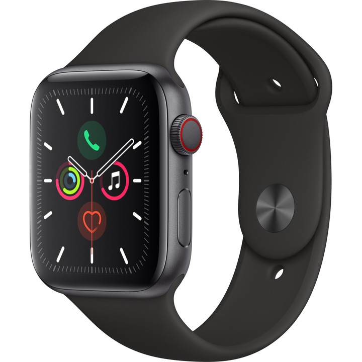 Apple Watch 5, GPS, Cellular, Carcasa Space Grey Aluminium 44mm, Black Sport Band - S/M & M/L