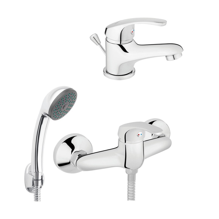 Set FERRO BASIC 3in1 Baterie dus + Set para dus + Baterie stativa lavoar cu ventil, crom