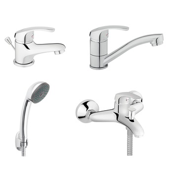 Set FERRO BASIC 4in1 Baterie perete cada/dus + Set para dus + Baterie stativa bucatarie cu pipa mobila 15 cm, Baterie stativa lavoar cu ventil, crom Set FERRO BASIC 4in1 Baterie perete cada/dus + Set para dus + Baterie stativa bucatarie cu pipa mobila 15 cm, Baterie stativa lavoar cu ventil, crom