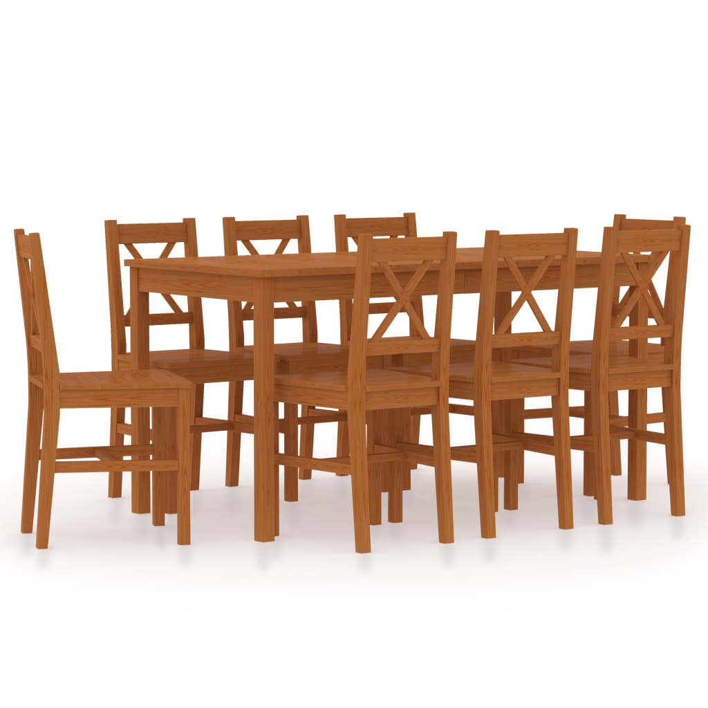 Set mobilier de bucatarie, 9 piese, masa cu 8 scaune, vidaXL, Maro, Lemn pin, 140 x 70 x 73 cm