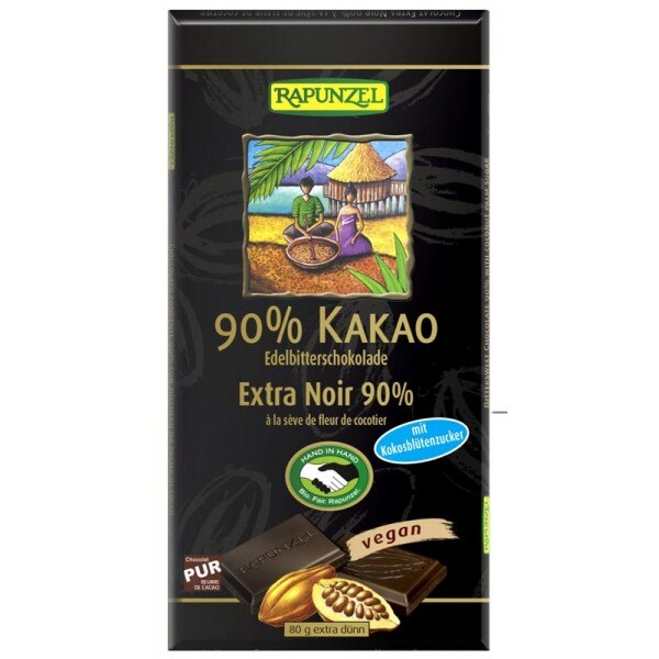 Ciocolata amaruie 90% cacao si zahar de cocos vegana, Rapunzel, 80g