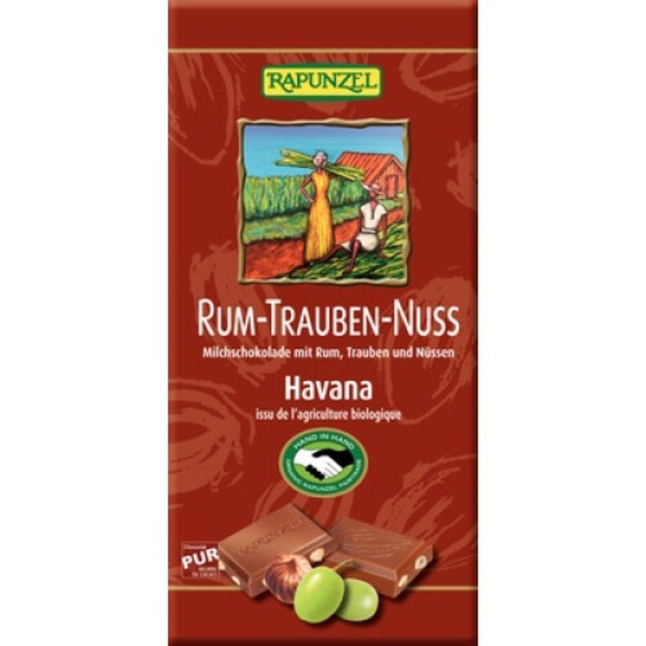 Ciocolata cu stafide alune si rom bio, 100g, Rapunzel