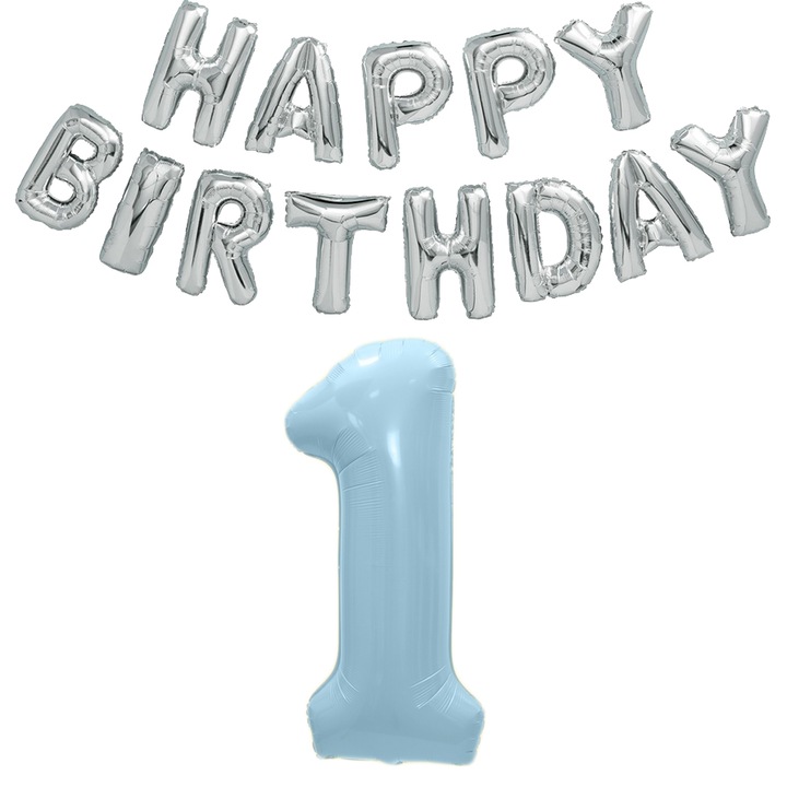 Set baloane pentru primul an, litere 40cm HAPPY BIRTHDAY, argintiu + cifra 1, bleu, 101cm